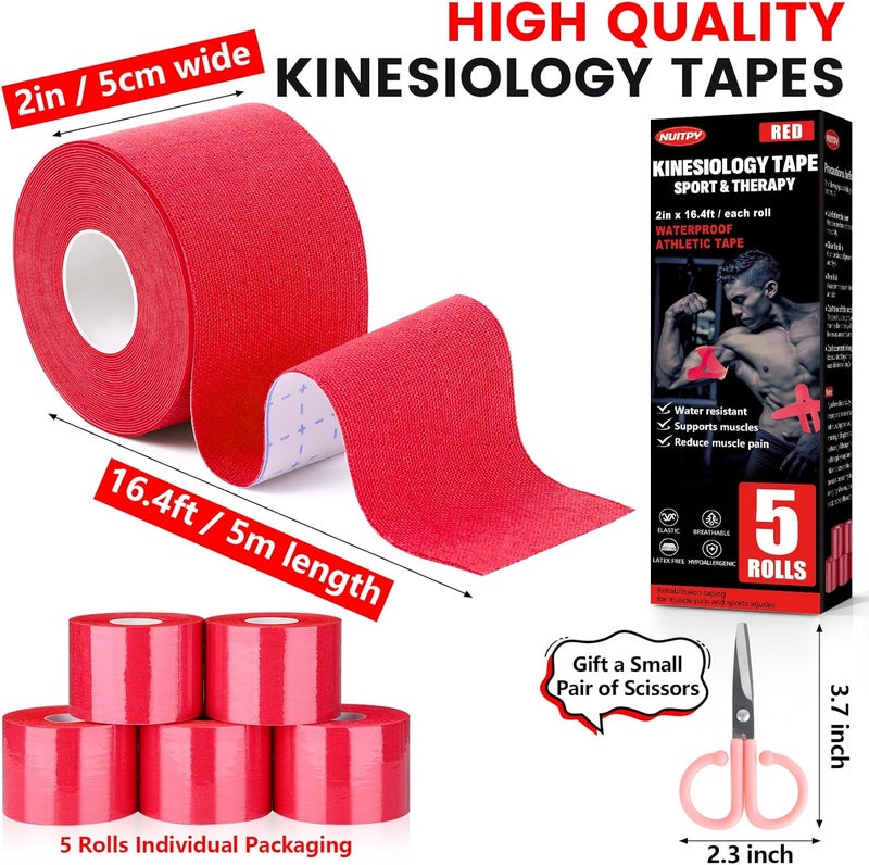 NUITPY 5 Rolls Kinesiology Tape, 2 inch x 16.4 Feet Waterproof Athletic Tape, Uncut Kinetic Tape, Muscle Tape, Sports Tape, Knee Tape for Exercise and Daily Use - Red - Image 2